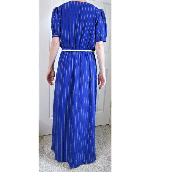 Long Blue Prom Dress Size M Stripes Button Wrap by One O Eight, British Elegant - Picture 2 of 12